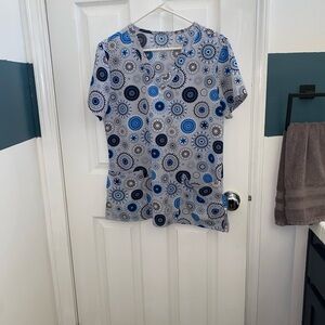 Blue Circular Print Scrub Top